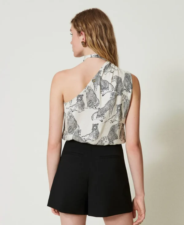 T-Shirts Et Tops*TWINSET Milano Top Asymétrique Jacquard Avec Imprimé Jaguar Imprimé Jaguars Noir/Blanc Neige