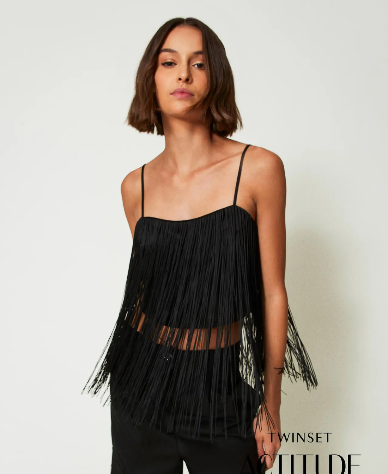 top_court_myfo_avec_frang_0.webp T-Shirts Et Tops*TWINSET Milano Top Court MYFO Avec Franges Noir