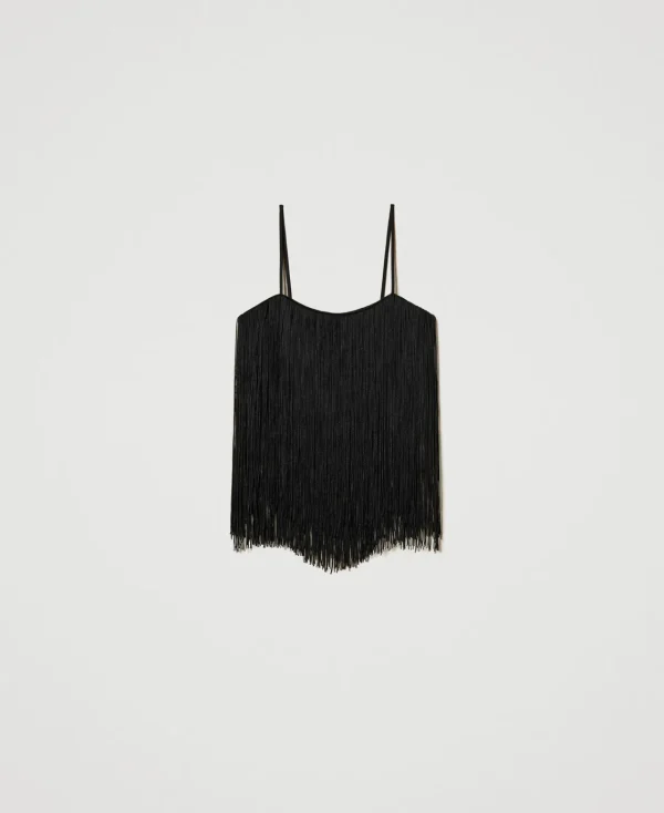 top_court_myfo_avec_frang_1.webp T-Shirts Et Tops*TWINSET Milano Top Court MYFO Avec Franges Noir
