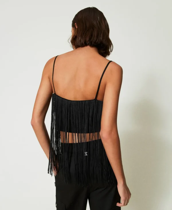 top_court_myfo_avec_frang_3.webp T-Shirts Et Tops*TWINSET Milano Top Court MYFO Avec Franges Noir