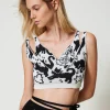 T-Shirts Et Tops*TWINSET Milano Top Cropped Jacquard En Fil Treeblend Jacquard Chats Neige/Noir