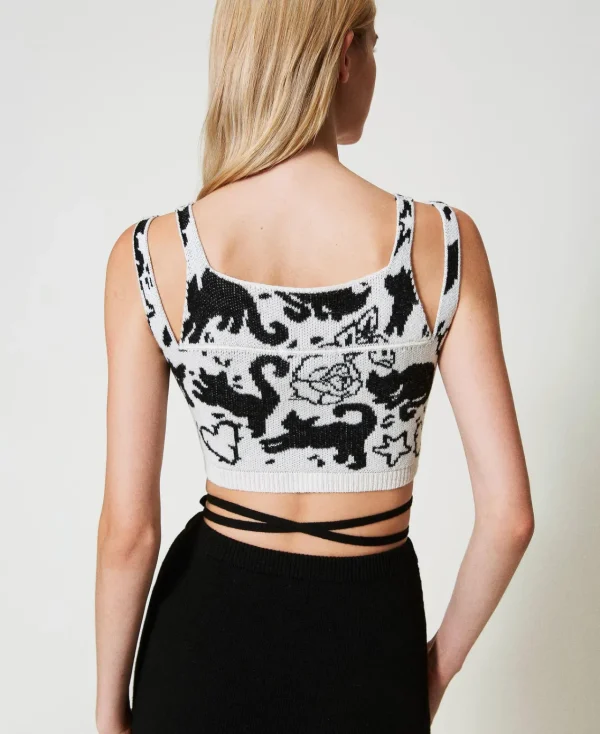 T-Shirts Et Tops*TWINSET Milano Top Cropped Jacquard En Fil Treeblend Jacquard Chats Neige/Noir