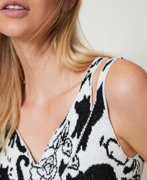 T-Shirts Et Tops*TWINSET Milano Top Cropped Jacquard En Fil Treeblend Jacquard Chats Neige/Noir