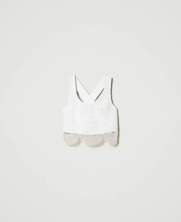 T-Shirts Et Tops*TWINSET Milano Top En Crêpe Cady Et Organza Brodé Crème White