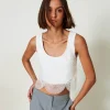 T-Shirts Et Tops*TWINSET Milano Top En Crêpe Cady Et Organza Brodé Crème White
