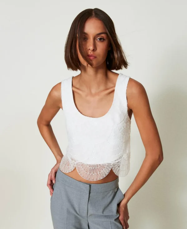 T-Shirts Et Tops*TWINSET Milano Top En Crêpe Cady Et Organza Brodé Crème White