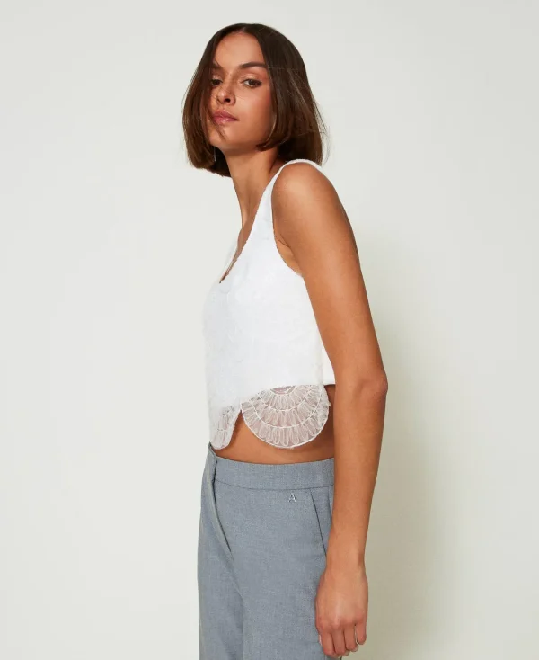 T-Shirts Et Tops*TWINSET Milano Top En Crêpe Cady Et Organza Brodé Crème White