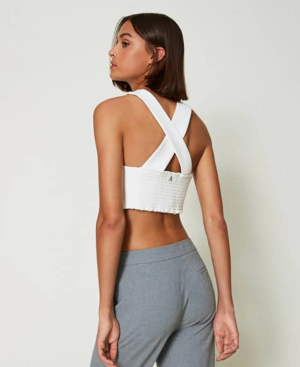 T-Shirts Et Tops*TWINSET Milano Top En Crêpe Cady Et Organza Brodé Crème White