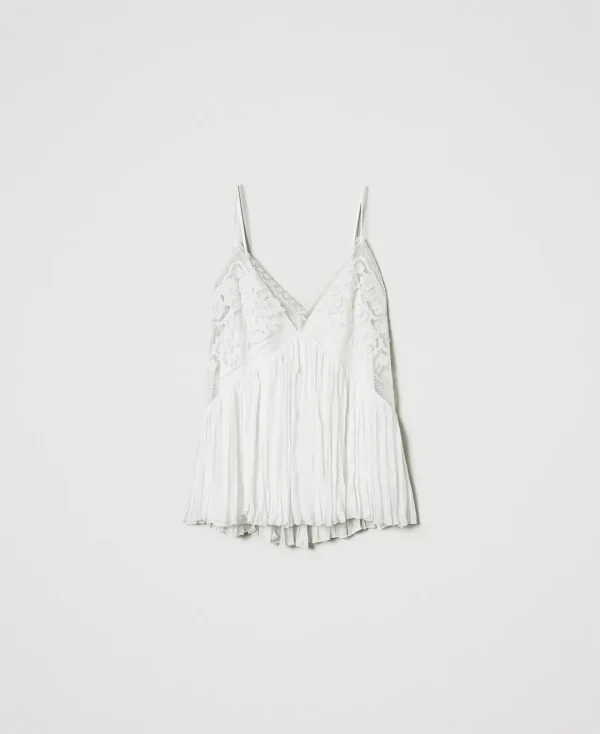 T-Shirts Et Tops*TWINSET Milano Top En Crépon Et Tulle Blanc « Butter Cookie »