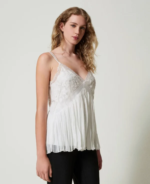 T-Shirts Et Tops*TWINSET Milano Top En Crépon Et Tulle Blanc « Butter Cookie »