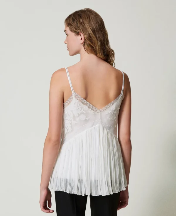 T-Shirts Et Tops*TWINSET Milano Top En Crépon Et Tulle Blanc « Butter Cookie »