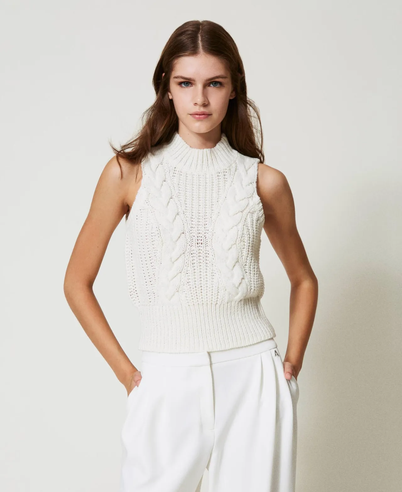 T-Shirts Et Tops*TWINSET Milano Top En Maille Avec Côtes Et Torsades Off White