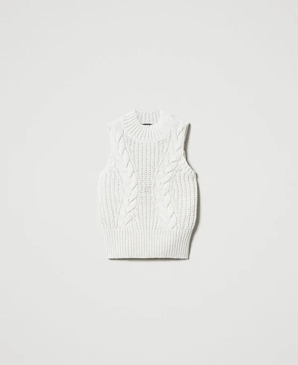 top_en_maille_avec_ctes_e_1.webp T-Shirts Et Tops*TWINSET Milano Top En Maille Avec Côtes Et Torsades Off White