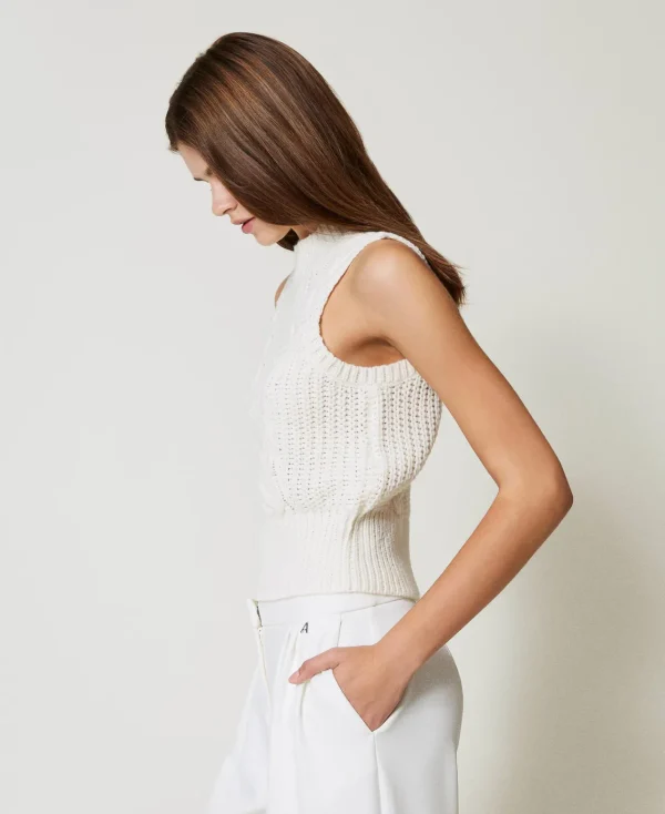 top_en_maille_avec_ctes_e_3.webp T-Shirts Et Tops*TWINSET Milano Top En Maille Avec Côtes Et Torsades Off White
