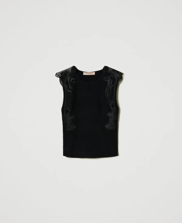 top_en_maille_avec_dentel_1.webp T-Shirts Et Tops*TWINSET Milano Top En Maille Avec Dentelle Noir