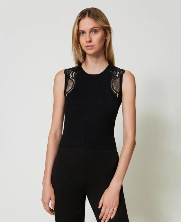 top_en_maille_avec_dentel_2.webp T-Shirts Et Tops*TWINSET Milano Top En Maille Avec Dentelle Noir