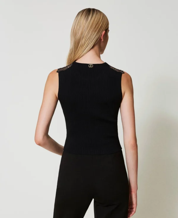 top_en_maille_avec_dentel_3.webp T-Shirts Et Tops*TWINSET Milano Top En Maille Avec Dentelle Noir