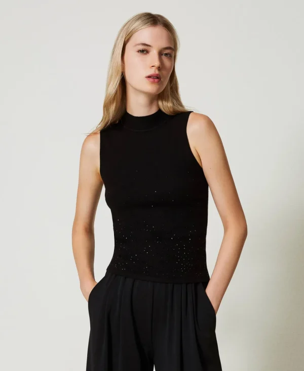 top_en_maille_avec_strass_0.webp T-Shirts Et Tops*TWINSET Milano Top En Maille Avec Strass Dégradés Noir