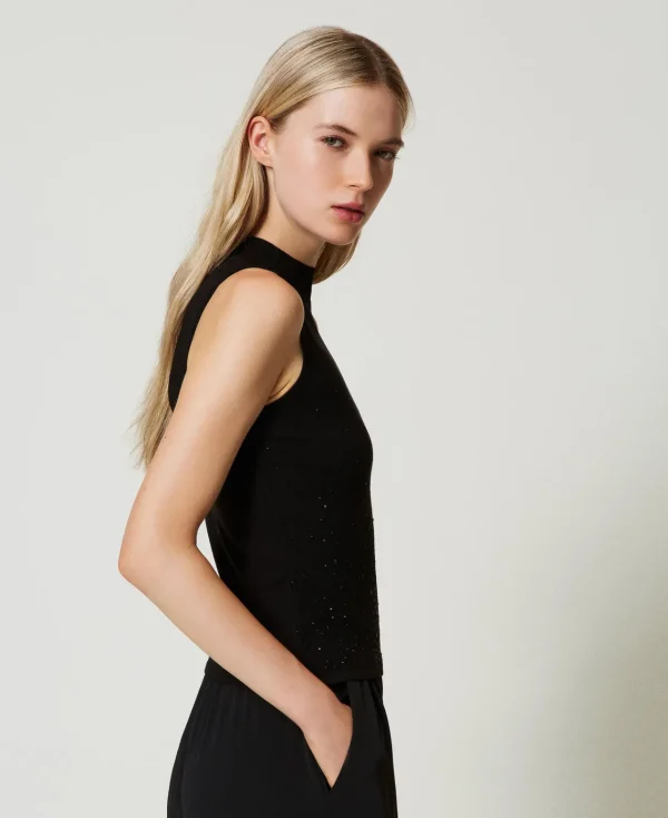 top_en_maille_avec_strass_2.webp T-Shirts Et Tops*TWINSET Milano Top En Maille Avec Strass Dégradés Noir