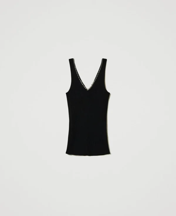 top_en_maille_ctele_avec__1.webp T-Shirts Et Tops*TWINSET Milano Top En Maille Côtelée Avec Perles Noir