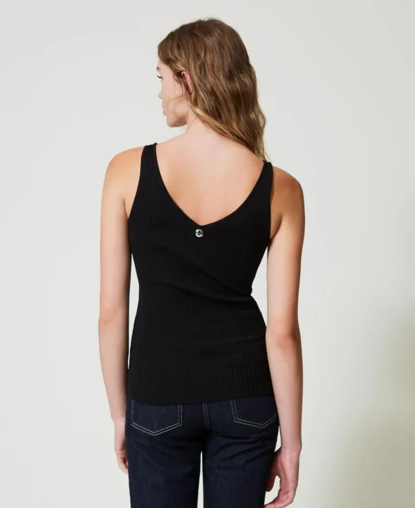 top_en_maille_ctele_avec__3.webp T-Shirts Et Tops*TWINSET Milano Top En Maille Côtelée Avec Perles Noir