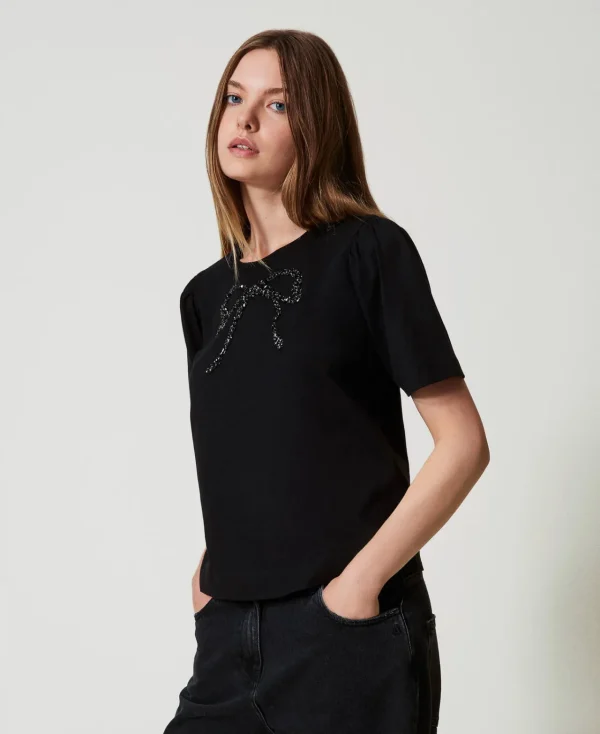 T-Shirts Et Tops*TWINSET Milano T-shirt Avec Broderie En Nœud Noir