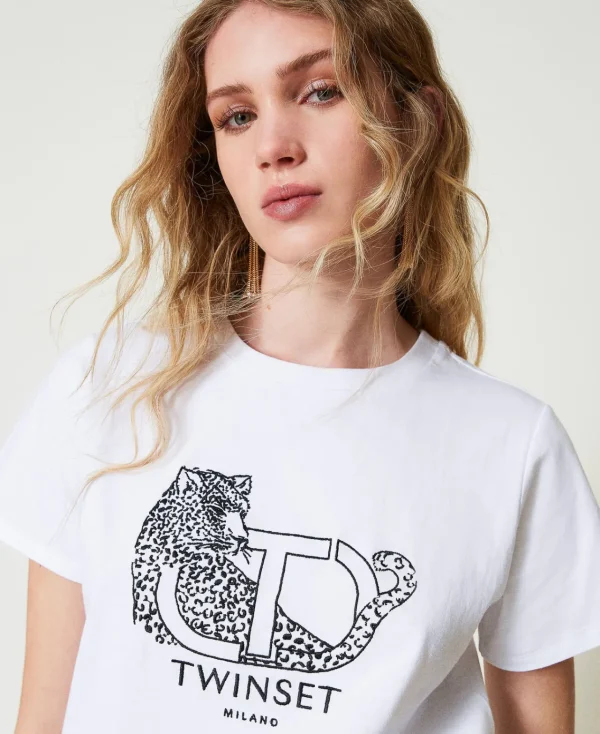 T-Shirts Et Tops*TWINSET Milano T-shirt Avec Broderie Siglée Et Jaguar Blanc