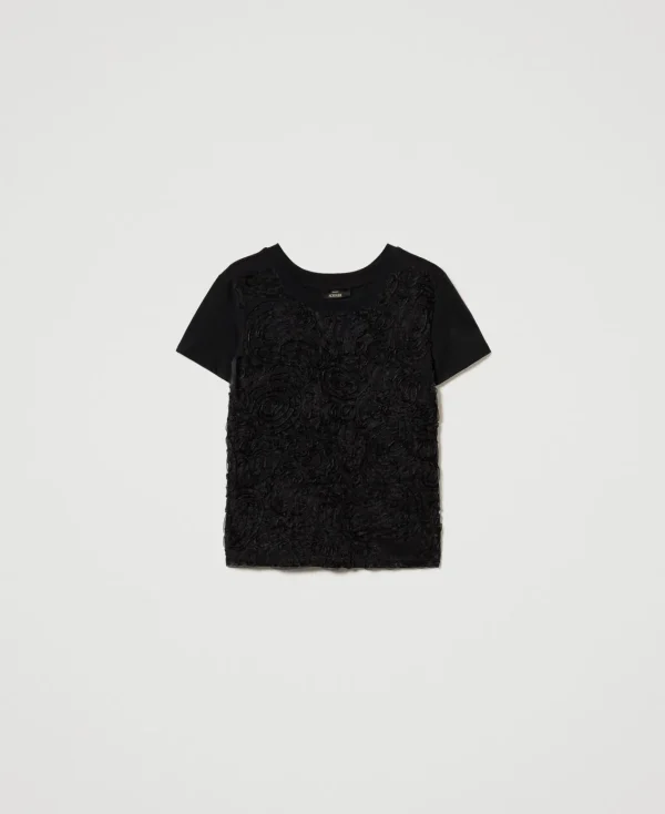 T-Shirts Et Tops*TWINSET Milano T-shirt Avec Broderies En Organza Noir