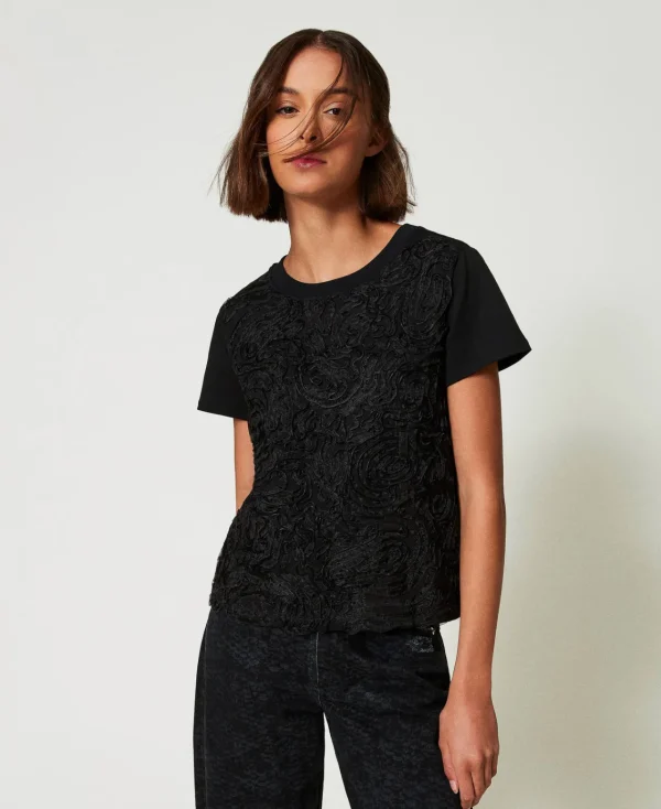 T-Shirts Et Tops*TWINSET Milano T-shirt Avec Broderies En Organza Noir