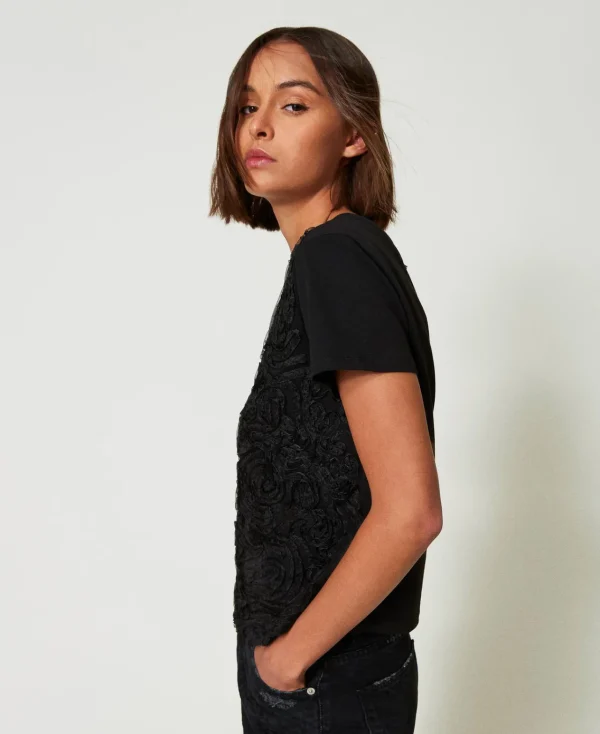 T-Shirts Et Tops*TWINSET Milano T-shirt Avec Broderies En Organza Noir