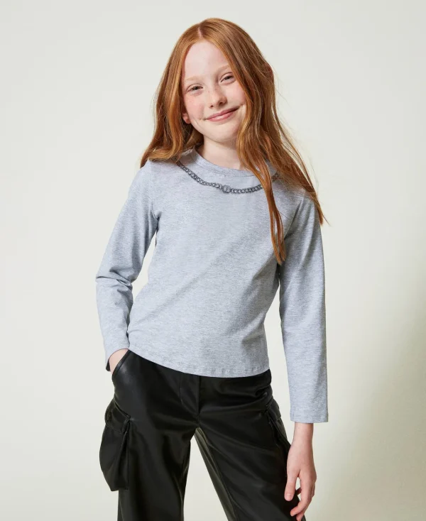 T-Shirts Et Tops*TWINSET Milano T-shirt Avec Imprimé Collier Et Strass Gris Moyen Mélangé Clair