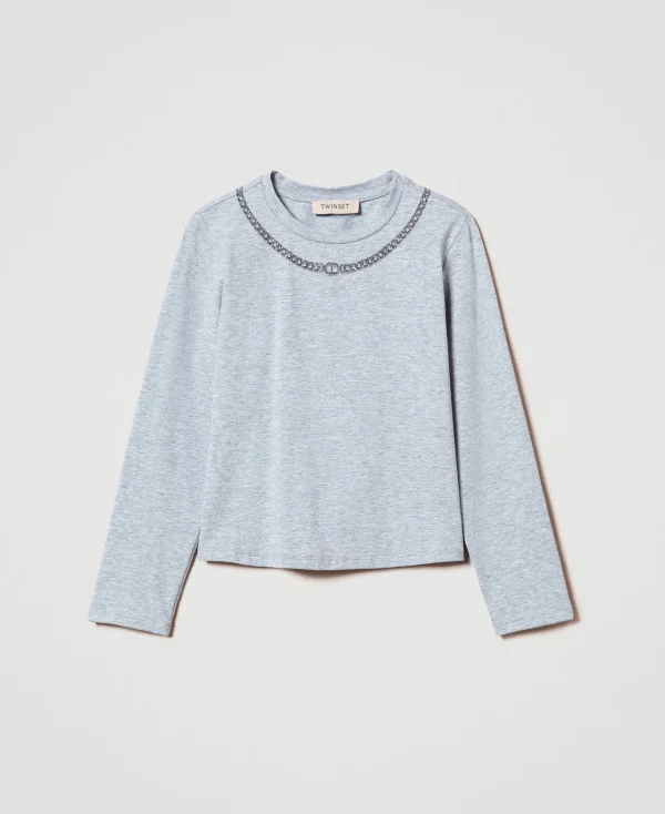 T-Shirts Et Tops*TWINSET Milano T-shirt Avec Imprimé Collier Et Strass Gris Moyen Mélangé Clair