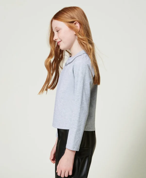 T-Shirts Et Tops*TWINSET Milano T-shirt Avec Imprimé Collier Et Strass Gris Moyen Mélangé Clair