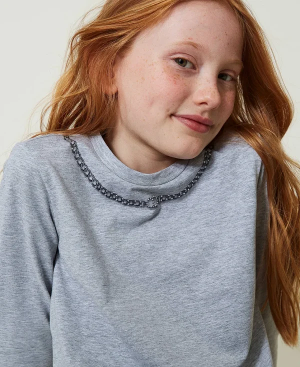 T-Shirts Et Tops*TWINSET Milano T-shirt Avec Imprimé Collier Et Strass Gris Moyen Mélangé Clair