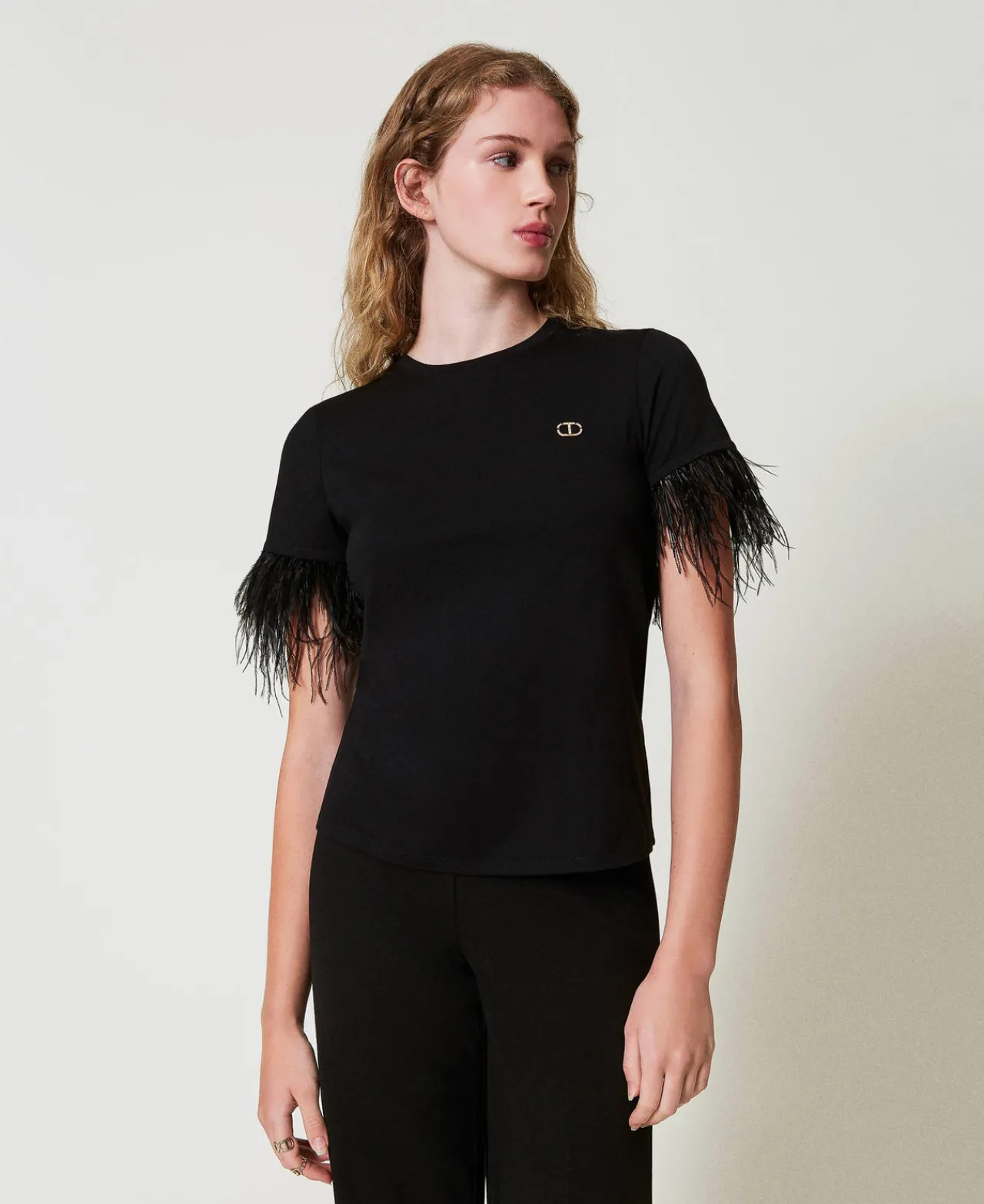 T-Shirts Et Tops*TWINSET Milano T-shirt Avec Logo Oval T Et Plumes Noir