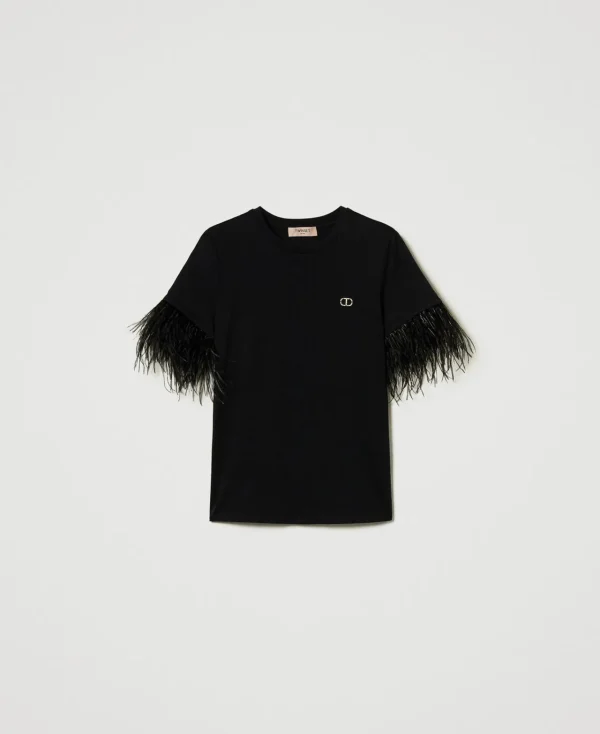 T-Shirts Et Tops*TWINSET Milano T-shirt Avec Logo Oval T Et Plumes Noir