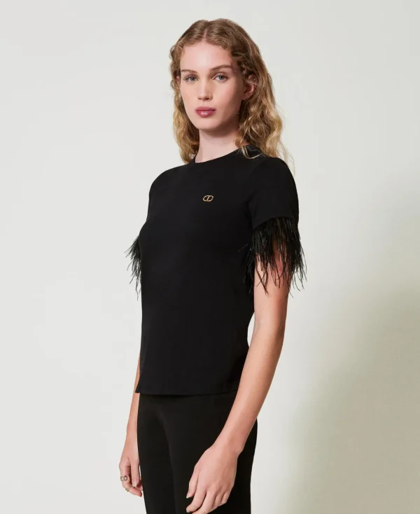 T-Shirts Et Tops*TWINSET Milano T-shirt Avec Logo Oval T Et Plumes Noir