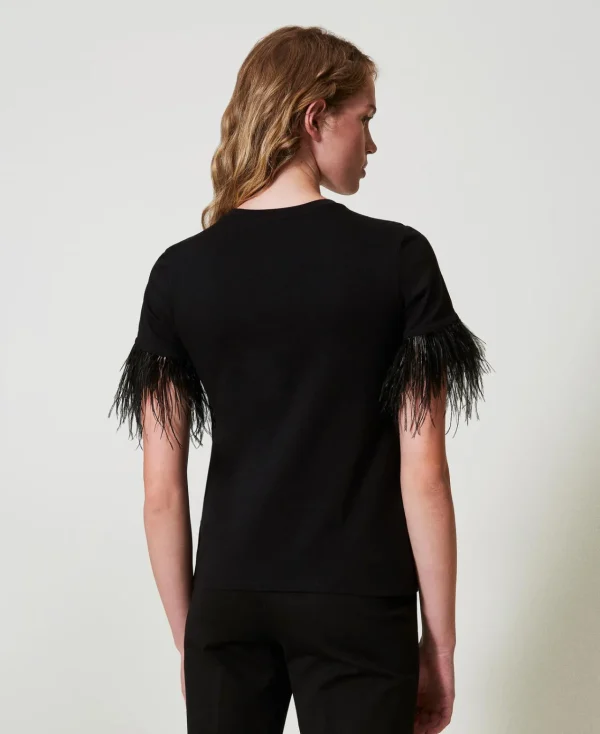 T-Shirts Et Tops*TWINSET Milano T-shirt Avec Logo Oval T Et Plumes Noir
