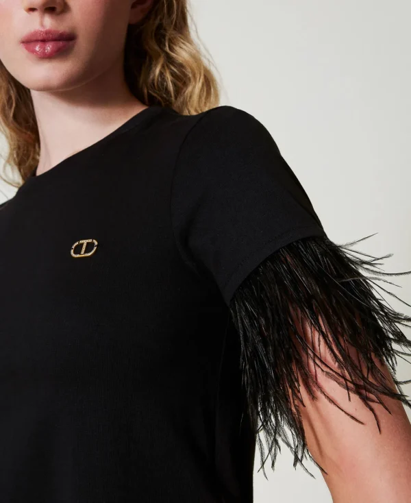 T-Shirts Et Tops*TWINSET Milano T-shirt Avec Logo Oval T Et Plumes Noir