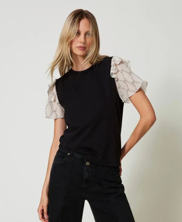 T-Shirts Et Tops*TWINSET Milano T-shirt Avec Manches En Crépon Noir/Imprimé Nœuds Blanc « White Cream »