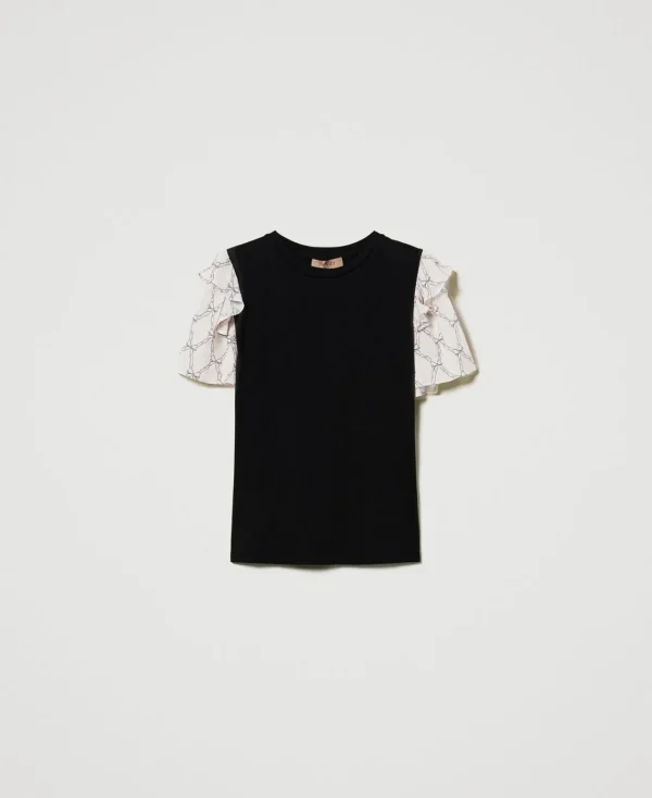 T-Shirts Et Tops*TWINSET Milano T-shirt Avec Manches En Crépon Noir/Imprimé Nœuds Blanc « White Cream »