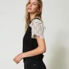 T-Shirts Et Tops*TWINSET Milano T-shirt Avec Manches En Crépon Noir/Imprimé Nœuds Blanc « White Cream »