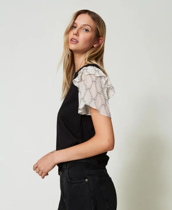 T-Shirts Et Tops*TWINSET Milano T-shirt Avec Manches En Crépon Noir/Imprimé Nœuds Blanc « White Cream »