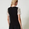 T-Shirts Et Tops*TWINSET Milano T-shirt Avec Manches En Crépon Noir/Imprimé Nœuds Blanc « White Cream »