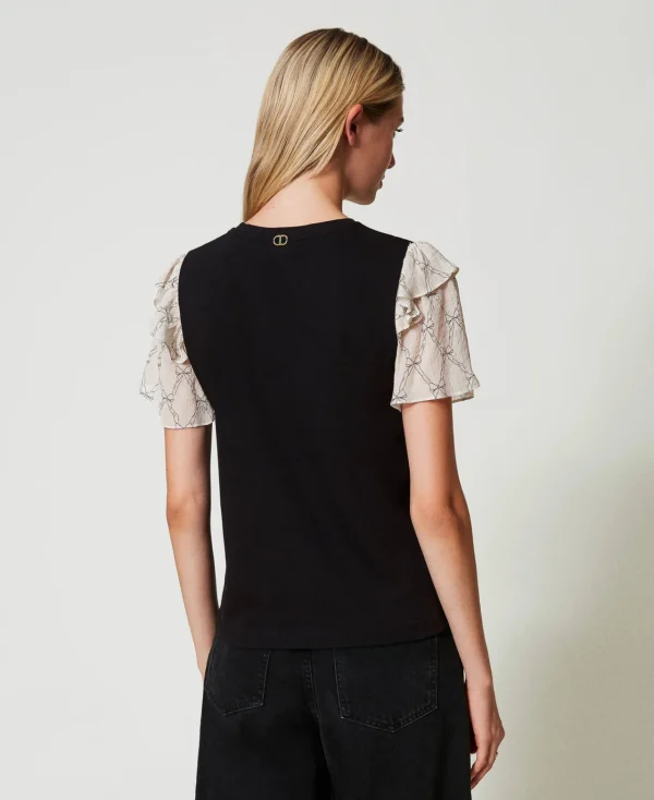 T-Shirts Et Tops*TWINSET Milano T-shirt Avec Manches En Crépon Noir/Imprimé Nœuds Blanc « White Cream »