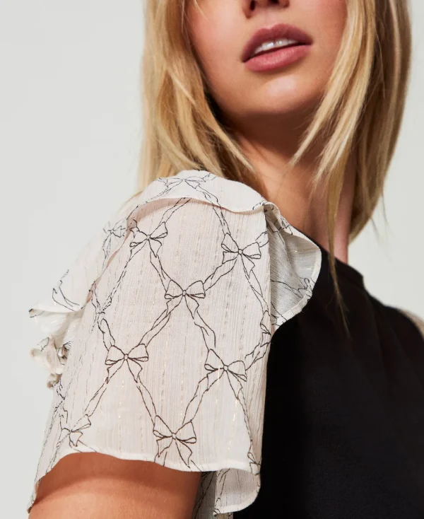 T-Shirts Et Tops*TWINSET Milano T-shirt Avec Manches En Crépon Noir/Imprimé Nœuds Blanc « White Cream »