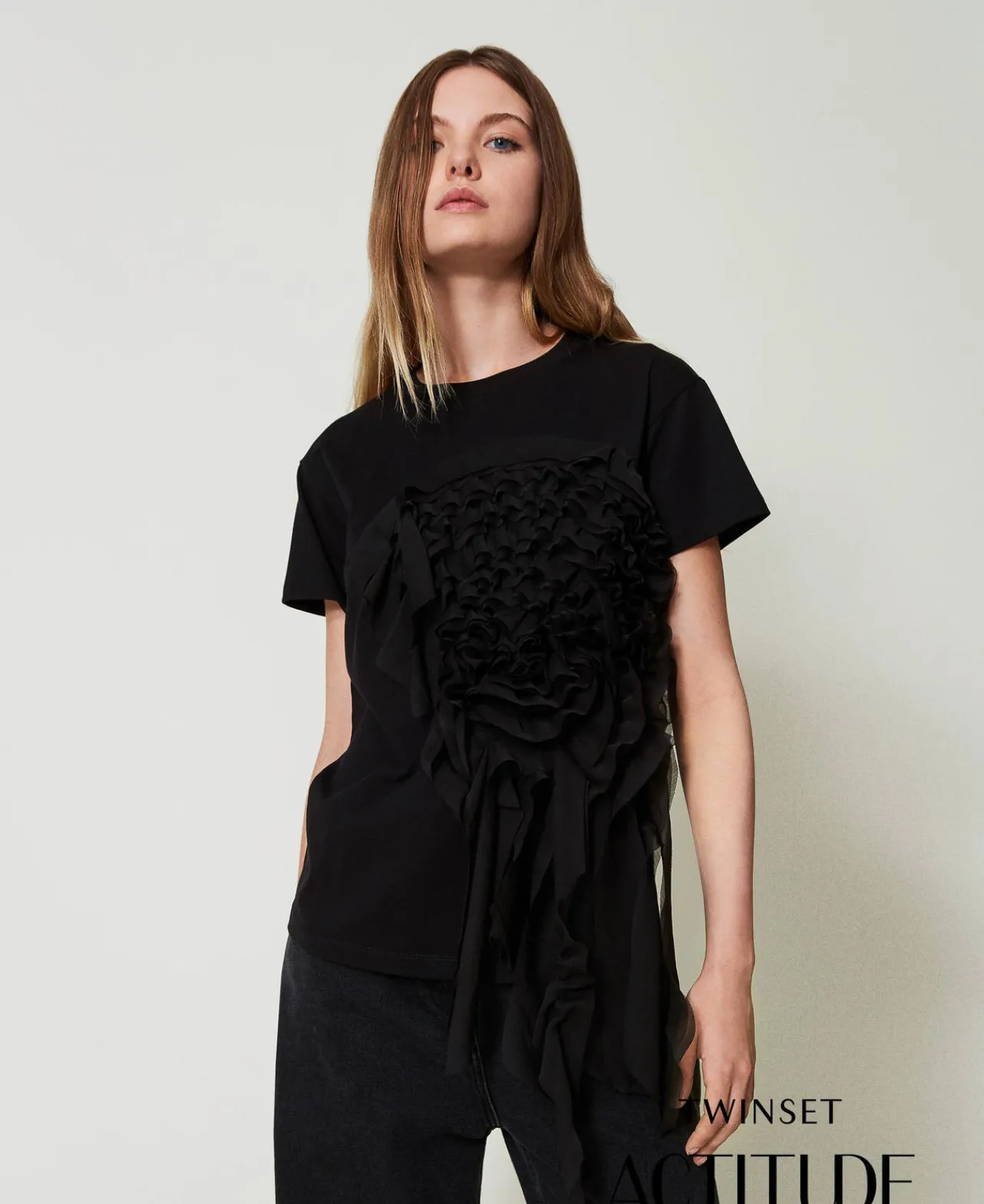 T-Shirts Et Tops*TWINSET Milano T-shirt Avec Volants En Crépon Noir