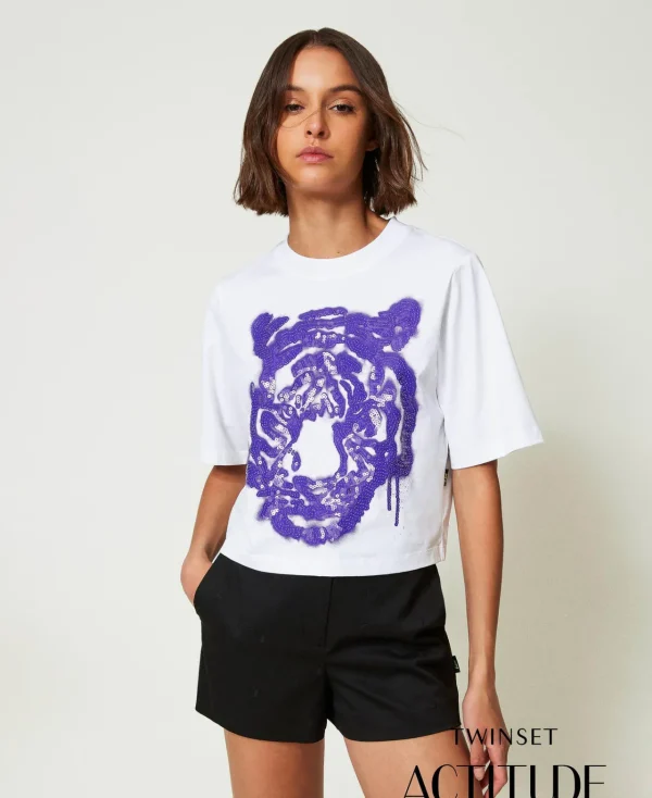 T-Shirts Et Tops*TWINSET Milano T-shirt Boxy MYFO Avec Imprimé Et Sequins Imprimé Purple Tigre