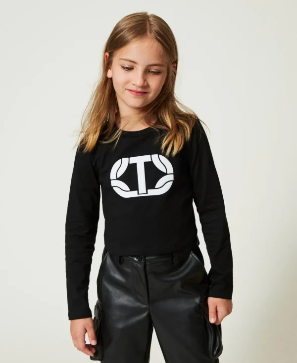 T-Shirts Et Tops*TWINSET Milano T-shirt Cropped Avec Logo Caoutchouté Noir