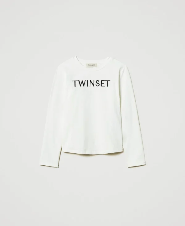tshirt_cropped_avec_logo__1-1.webp T-Shirts Et Tops*TWINSET Milano T-shirt Cropped Avec Logo Brodé Bicolore Blanc Cassé / Noir